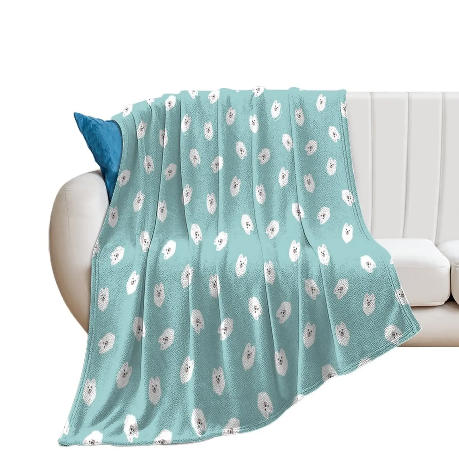 

Happy Japanese Spitz Dog Shinji - Aqua Throw Blanket Sofas wednesday Blankets