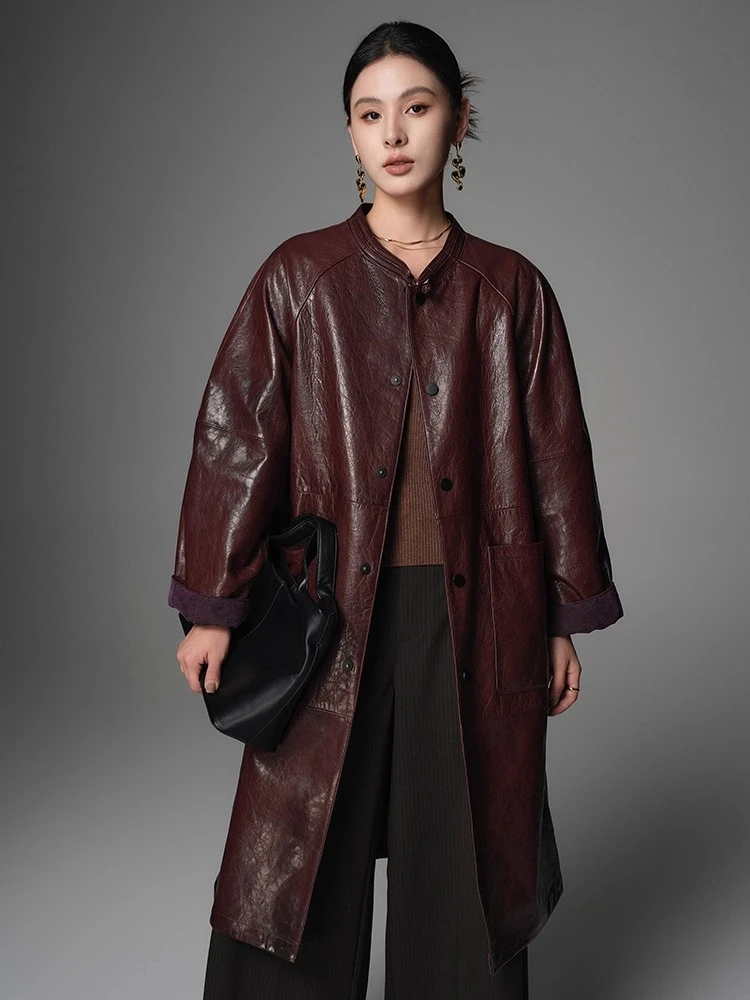 

Casual Long Genuine Leather Jackets for Women Spring Autumn High-end Simple Double-sided Wear Oil Wax Real Goatskin Trench Coat