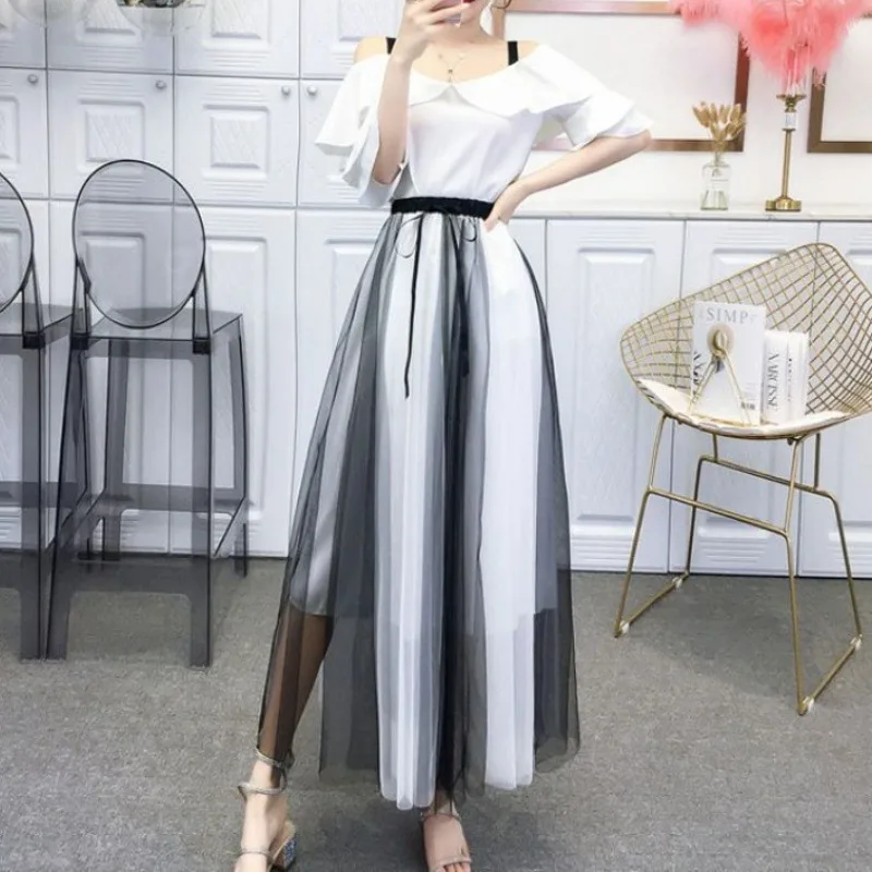 Spring and Summer Women's Pullover Hanger Strap Off Shoulder Lotus Leaf Edge Solid Half Sleeve Tops Mesh Drawstring Skirt Set