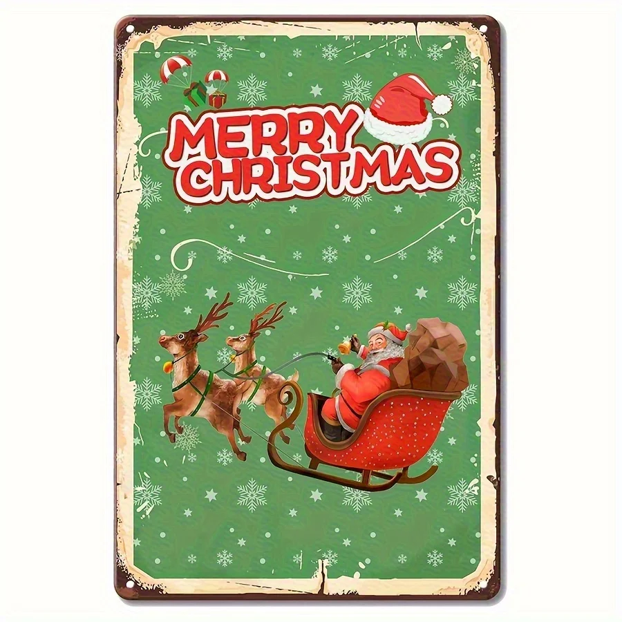 Vintage Metal Tin Sign- Merry Christmas Eve Decoration with Santa Claus and Deer, General Use Iron Hanging Ornament, No Electric