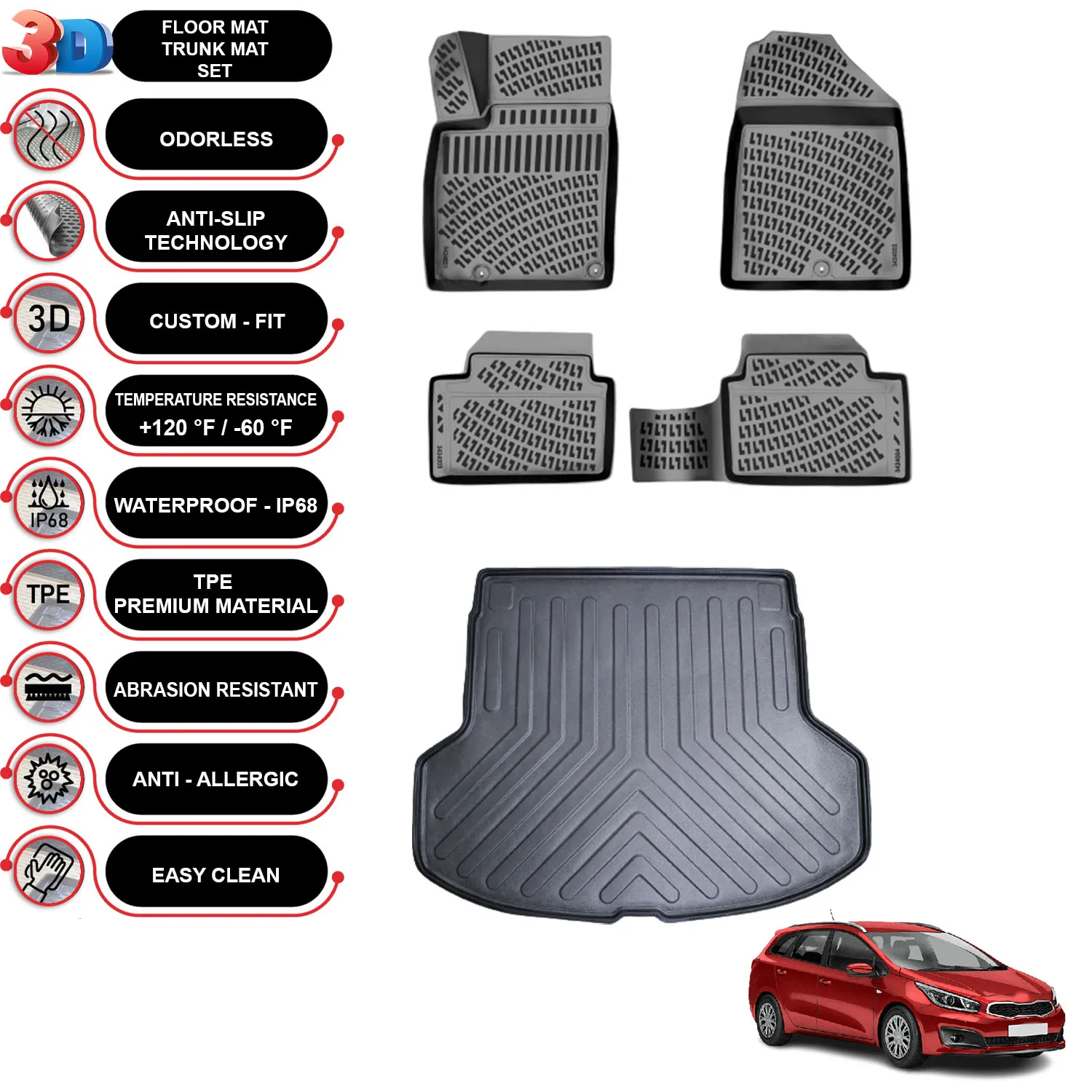 Kia Ceed SW - (2017-2023) - Floor Mats + Cargo Trunk Liner - SET - (Black)