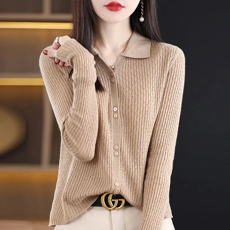 Autumn Winter New Polo Collar Loose Knitted Cardigan Sweater Fashion Solid Color Cloak Polo Collar Top Button Coat Women