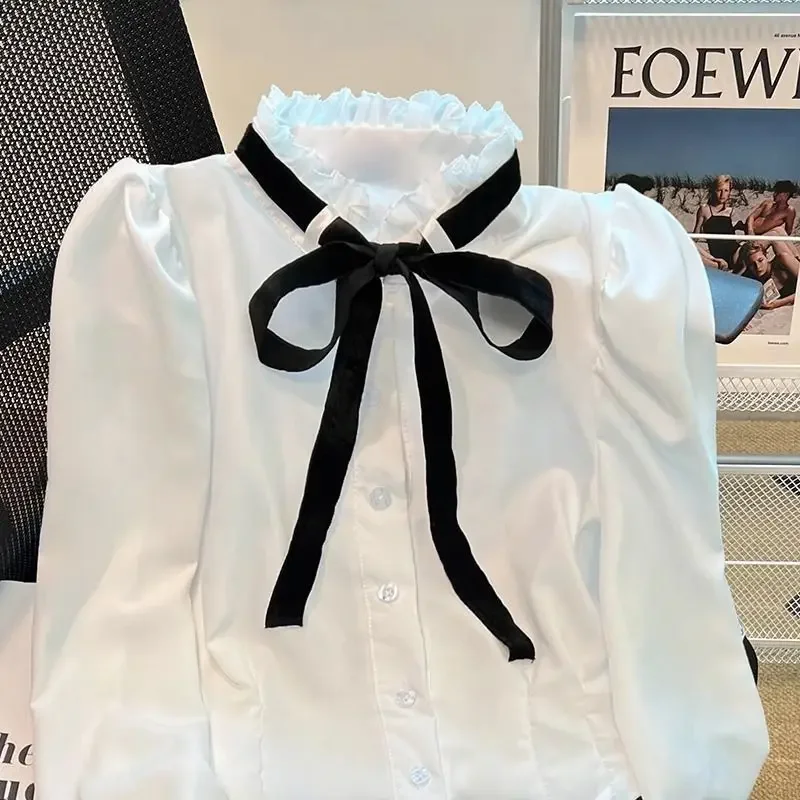 

Long Sleeved Shirts Camisas Crop Tops 2025 High Waist Blouse Women Blusas Femininas Elegantes White Stand Collar Fungus