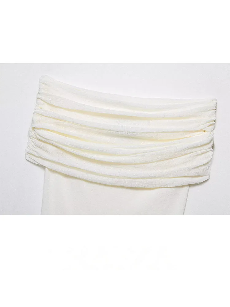 HH Women's Summer Chic Slim Knitted Tops Slash Neck Off-Shoulder Folds Decorate Pullover Female New Fashion White Tops