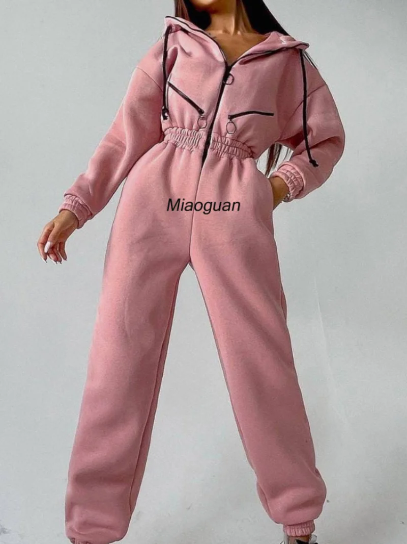 Elegante hoodies macacão coréia moda feminina manga longa uma peça roupa quente macacão de inverno sportwear macacão de treino novo