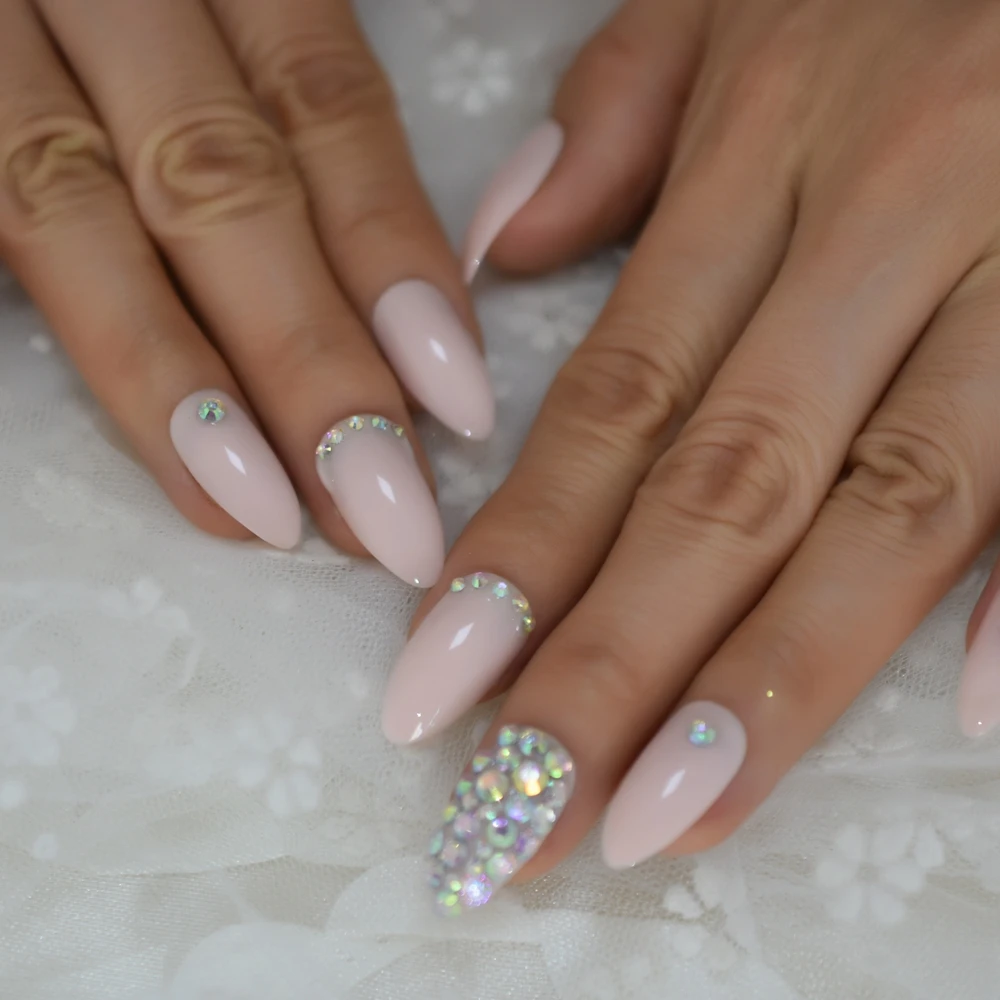 Light Pink Press On Nails Crystals AB Pre-desgined Nail Ar Tips Stiletto Medium Ladies Fingernail with Adhesive Tabs