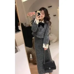 Women's Small Fragrant Style Double-sided Cashmere Blazers Half Skirt Set Retro Bow Tie Woolen Jacket Half Skirt Two-piece Sets