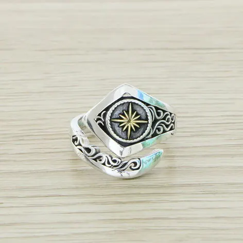 

Japanese trend versatile Harajuku style ethnic style handmade inlaid gold bead sun totem pure silver live mouth men's and women'