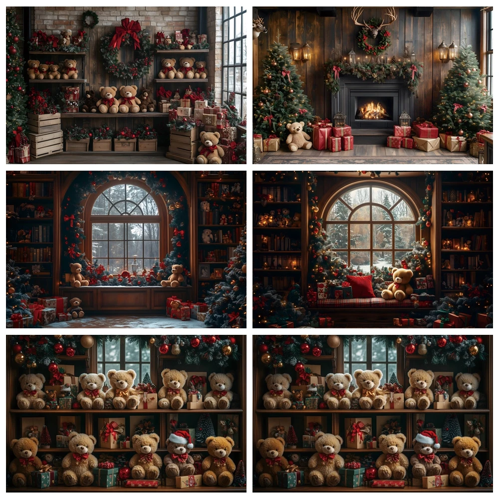 Christmas Fireplace Bear Photography Backdrops Kids Baby Family Photocall Classic Retro Cabinet Xmas Trees Gift Backgrounds