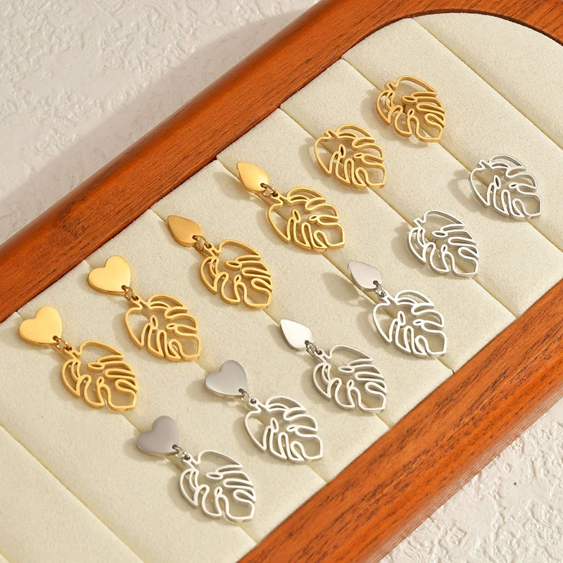 Kissmoon Fashion Exquisite Hollow Maple Leaf Earrings Stainless Steel Gold Color for Women Girl Party Brithday Jewelry Gifts