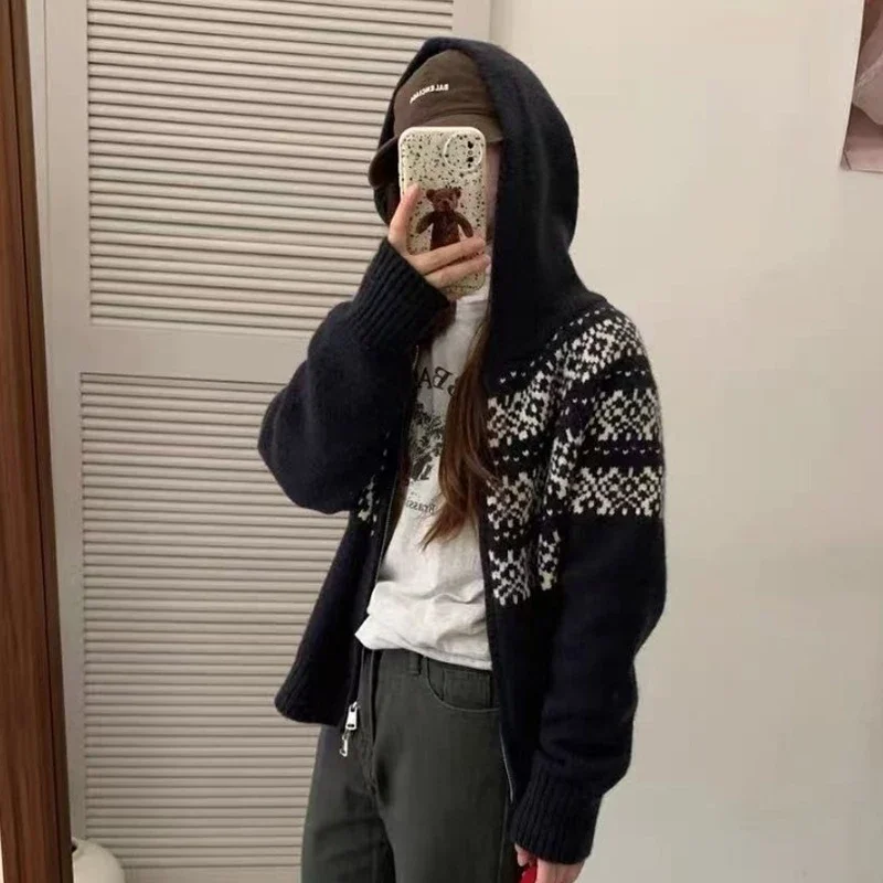 الرجعية الحلو الكورية الجاكار مقنعين محبوك المرأة سترة معطف الخريف الشتاء موضة عادية اللون التباين سستة سترة جديد #5