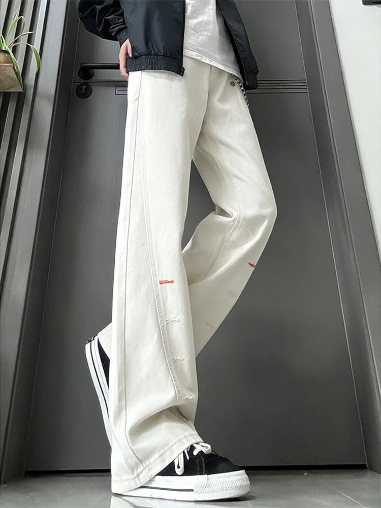 American Style Slanted  Embroidery Knife  Jeans Men Women Design Sense Vibe Straight Leg Micro Flare Pants Semi-E...