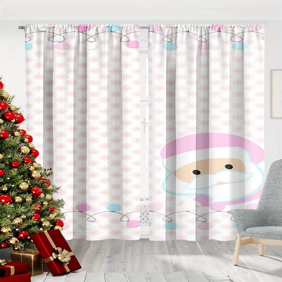 2PCS Christmas Winter Curtains, Pink Cartoon Santa Snowflake Light String White, Digital Print, Bedroom Living Room, Home Decor