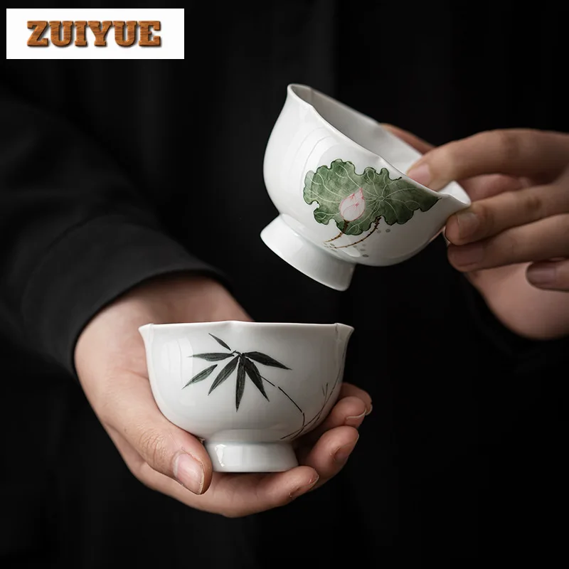 Pure Hand-painted Bamboo Tea Cup High Legged Tasting Tea Bowl Ceramic Master Cup Water Jug Household Kung Fu Teaset Drinkware