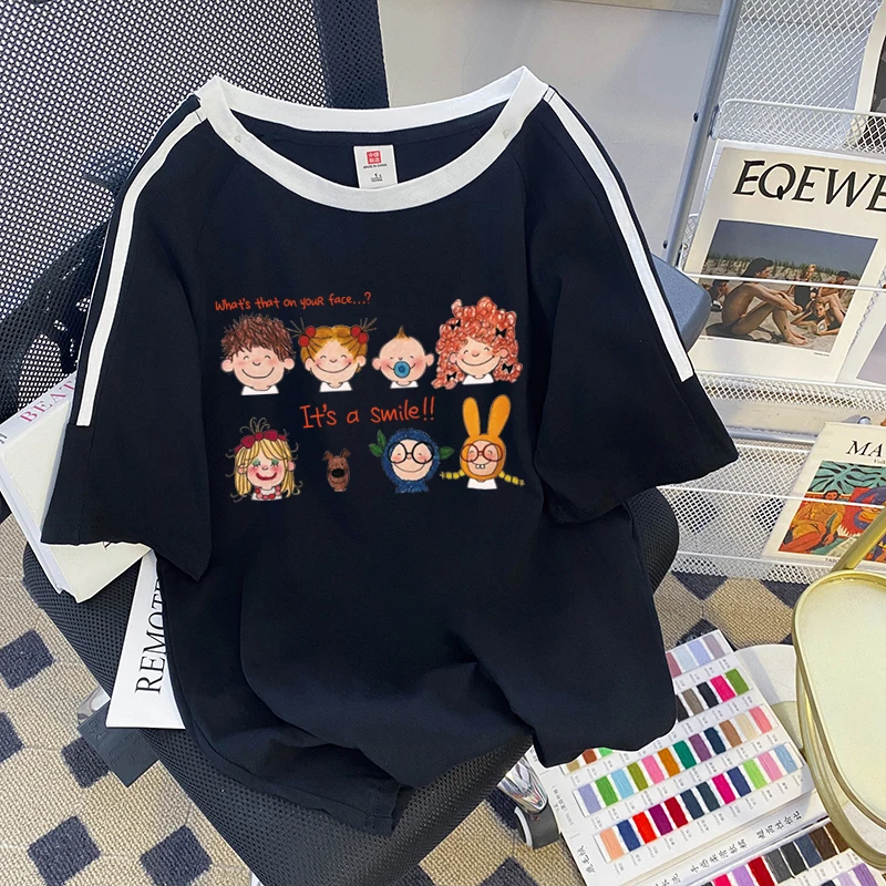2024 Summer Round Neck Short Sleeve T-shirt Women's Wear New Loose Cotton Design Sense Three-bar Printed Top