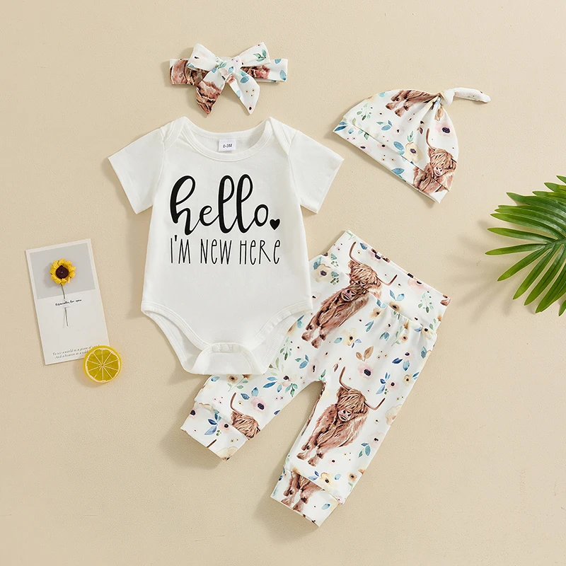 

2024-03-26 Lioraitiin Baby Girls Summer Outfit Letter Print Short Sleeves Romper and Floral Cow Pants Headband Beanies Hat Set