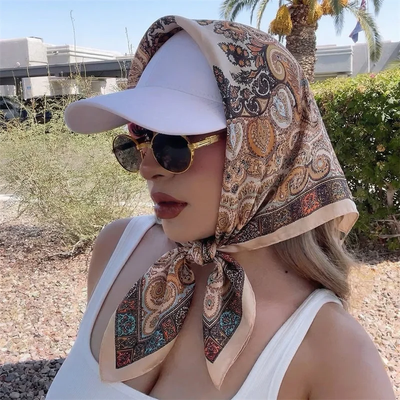 

New Satin Square Scarf Women Muslim Hijab Elegant Print Silk Neckerchief Shawl Wraps Headband Handle Hair Accessories Bandana