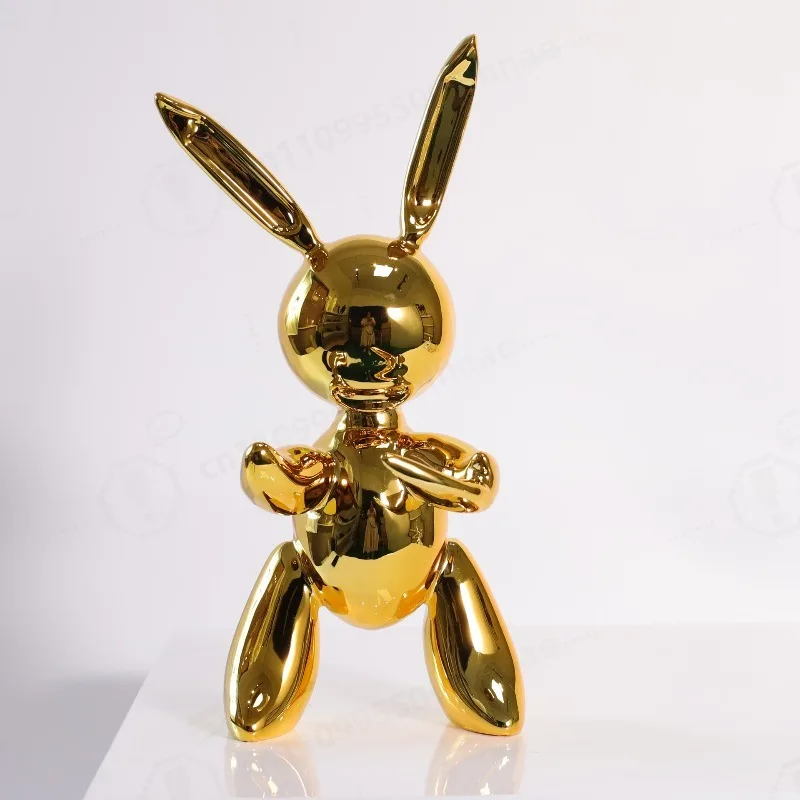 Modern Fashion Resin Rabbit Sculpture Electroplated Flocked Balloon Bunny Ornament Home Decor Hotel Sales Office Soft Decoration