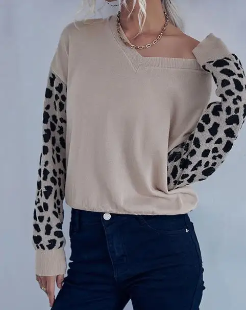

Women's Sweater 2026 New Spring Autumn Fashion Leopard Print Long Sleeved Casual V-Neck Loose Daily Pullover Knitted Sweater
