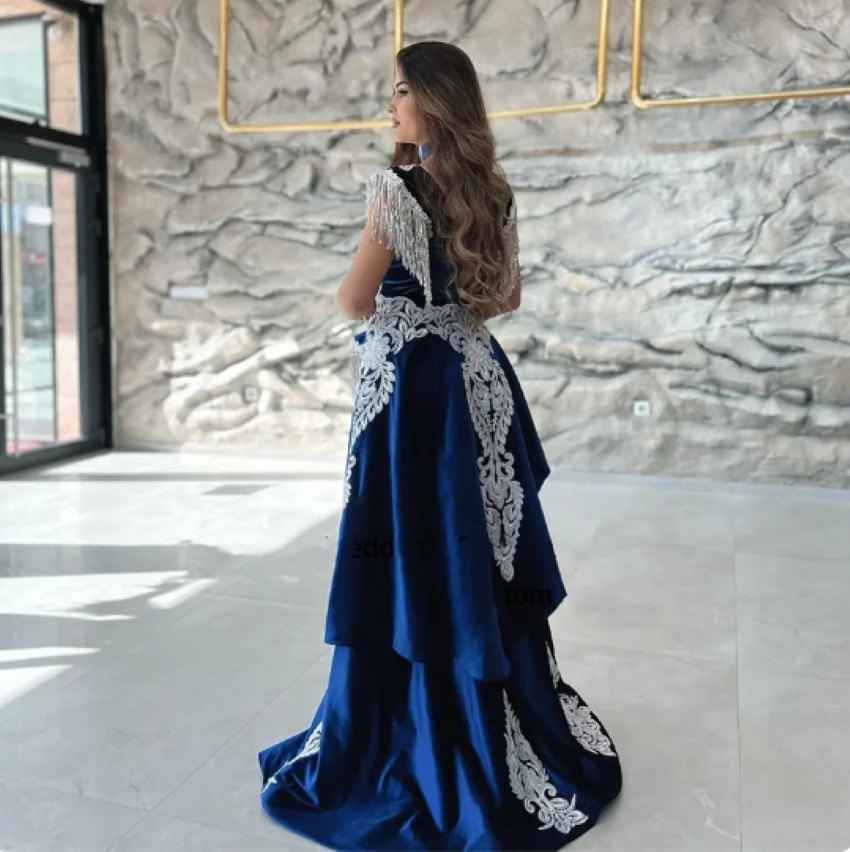 Othray 2025 Appliques Lace Cap Sleeve Royal Blue Mermaid Slit Velvet Arabic Prom Gowns Moroccan Caftan Evening Dress