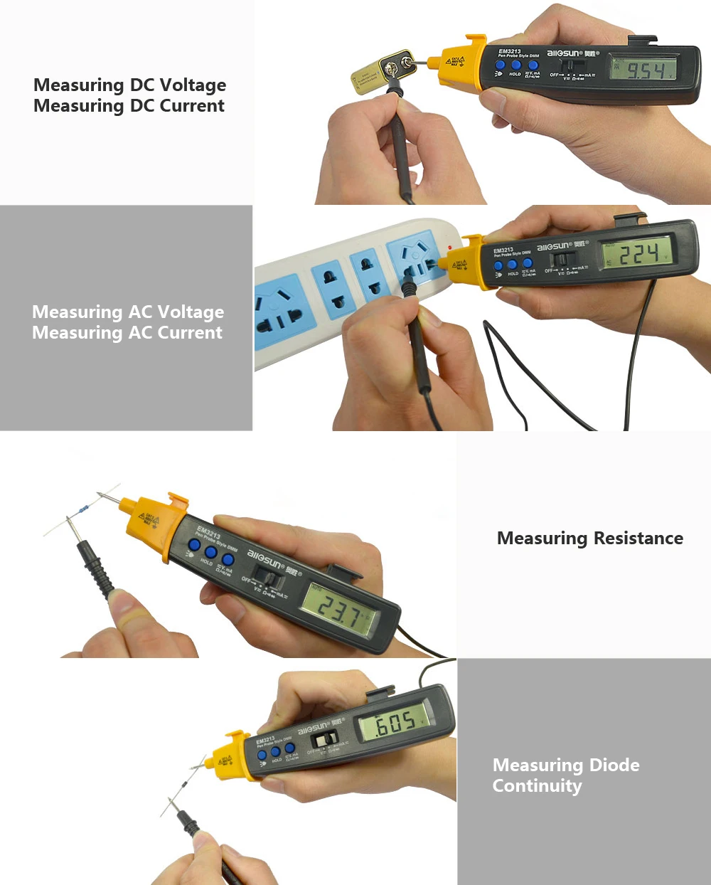 Portable Digital Multimeter Pen Type Volt Ohm Ammeter Auto Range Multi-Function Electric Tester with Flashlight All-sun EM3213