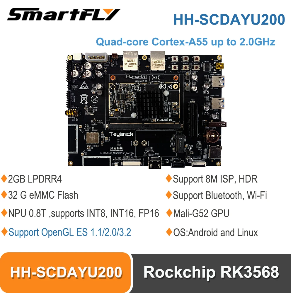 

Smartfly HH-SCDAYU200 Rockchip RK3568 OpenHarmony Development Kit 2GB LPDRR4 + 8GB eMMC Mali-G52 GPU Supports Android,Linux