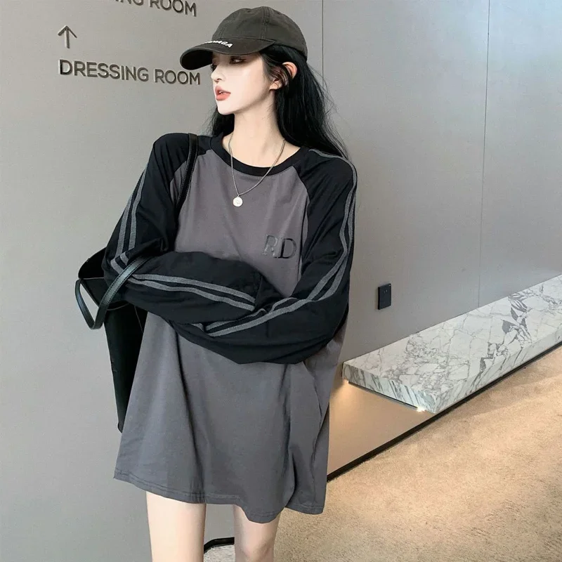 Spring New Patchwork Striped Loose T Shirt Tops Long Sleeve Round Neck All-match Pullovers Trend Korean Fashion Women Clothing