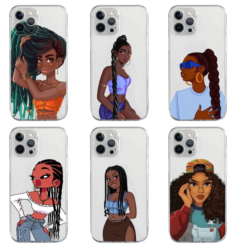 Melanin Poppin African Black Girl Phone Case For iPhone 16,15,14,13,12,11,Pro,Max,Xs,Xr,X,7,8,Plus,Mini Silicone Clear Cover