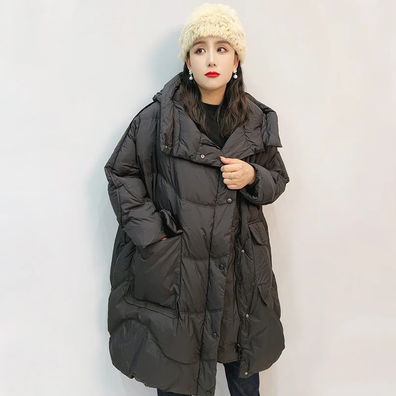 Women\'s Mid-length Hooded Overcoat, Loose Jackets, Warm Parkas, White Duck, Thick, Loose, Simple Outwear, Winter Coat, 90%