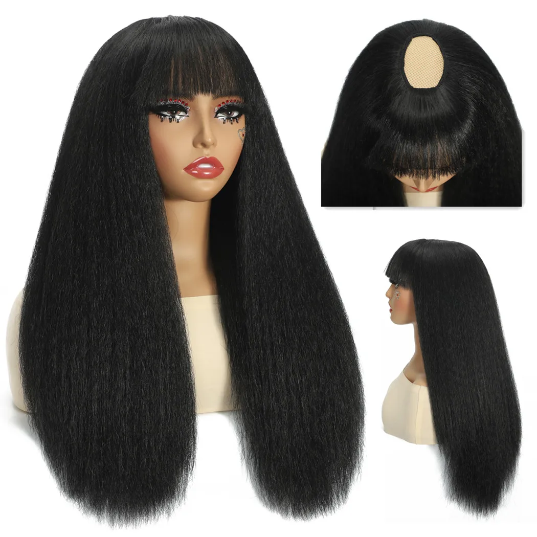 Synthetic Wigs for Women U Part Wig with Bangs Easy to Wear Yaki Cosplay Wig Kinky Straight High Temperature Fiber Hair