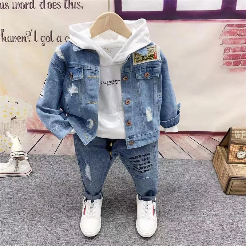 Boys Cowboy Jacket, Hoodie, Jeans Sets 3pcs Boys Sport Suits Children Cotton Spring Autumn Sets Kids Clothes Sets 2-6years