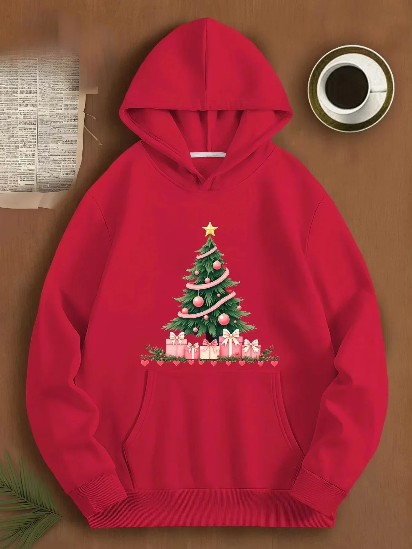 Hooded Sweatshirt  Pink Christmas Tree with Glowing Light Snowflake Loose Fit Casual Pullover Hoodie Cheap Clothes Free Shipping
