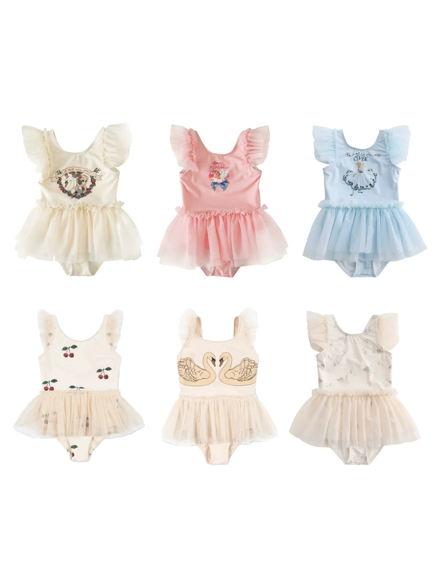 2026 Summer Toddlers Girls Princess Swimwear Printed Voile Ruffles One-piece Backless Beach Bikini Kids Swimsuit
