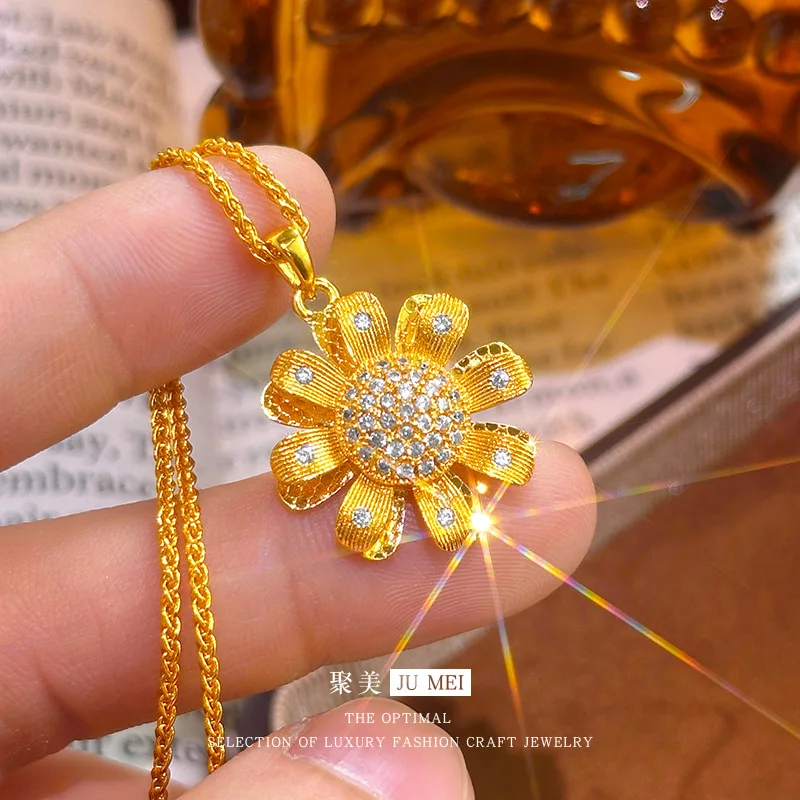 Luxury 24K 9999 Pure Gold real gold Women's Ice Crushed Double Layer Sunflower Daisy Salkin Pendant Clavicle Chain