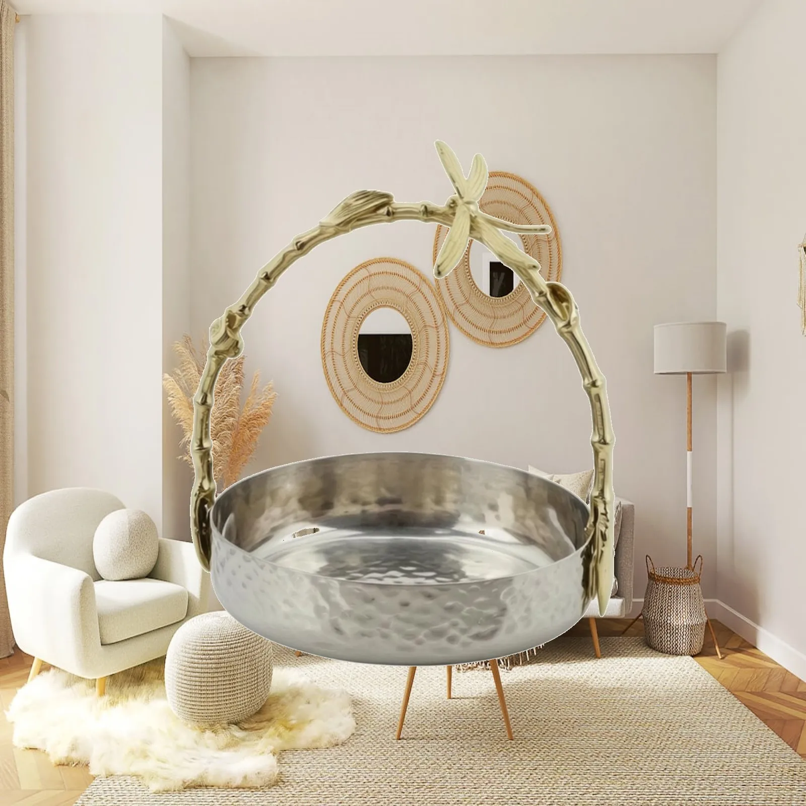 Stainless Steel Fruit Tray Sleek Fruit Bowl with Handle Hammered Metal Tray Modern Bowl with Hammered Finish Food-Safe