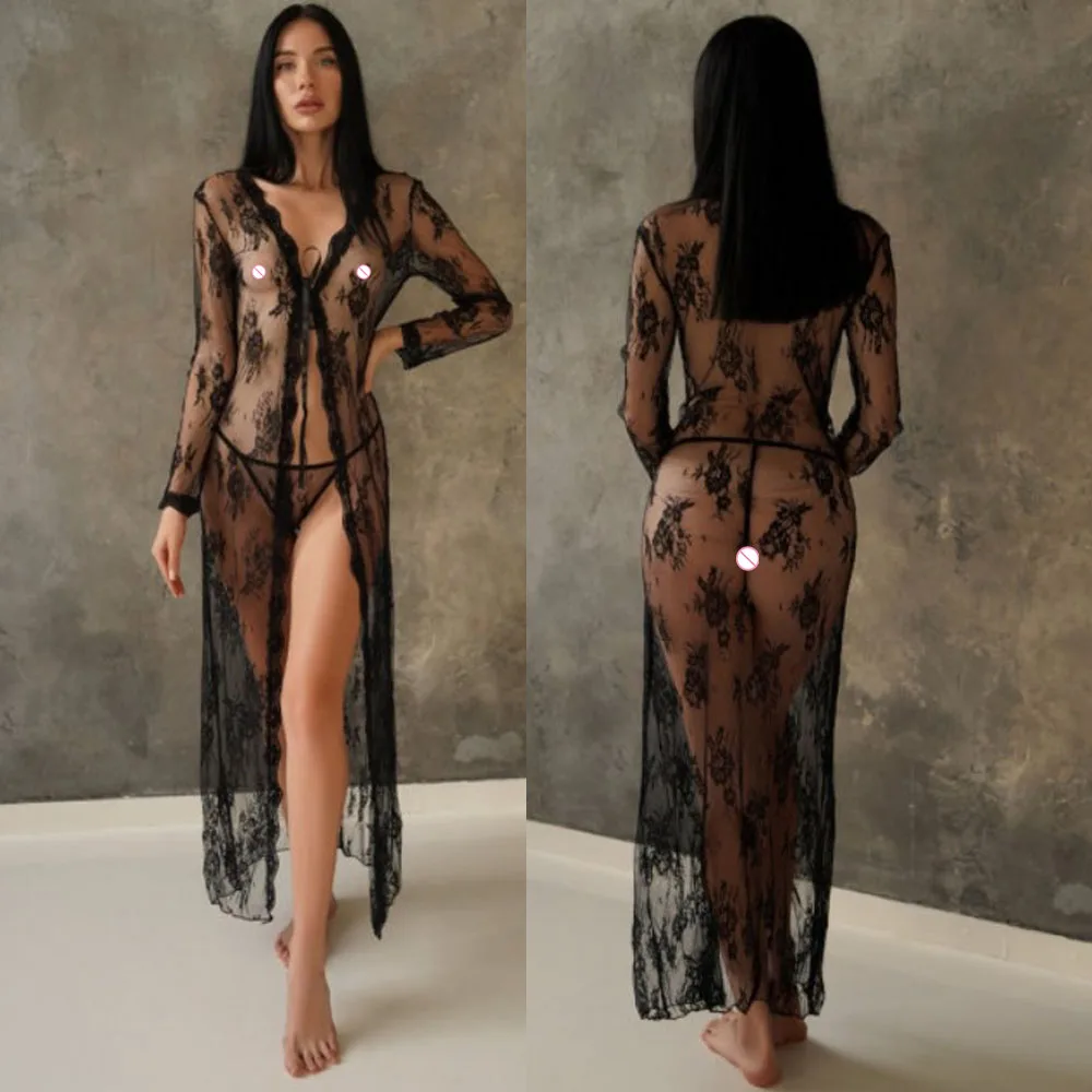 Sex Lace Beach Dress Cover Up+G String Women Sexy Lace Trim Kimono Cardigan Summer Sheer Beachwear Swimsuit for Bikini