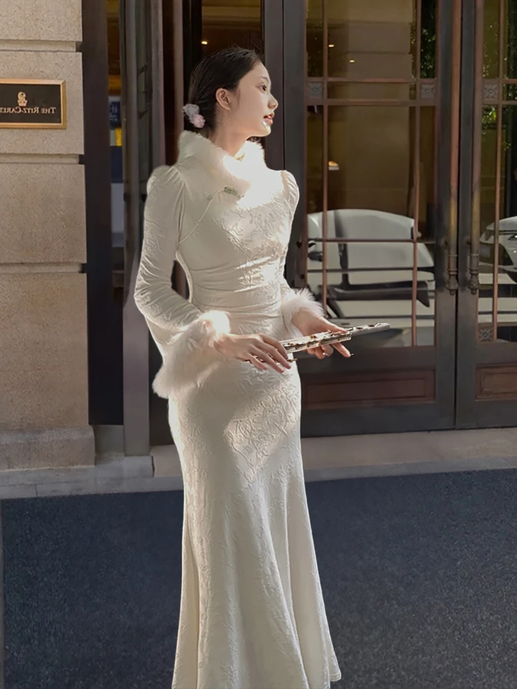 

New Chinese Sle Long Sve Dr with Fur Collar for New Year Celebration Autumn Winter High End Evening Gown Wedding Dr