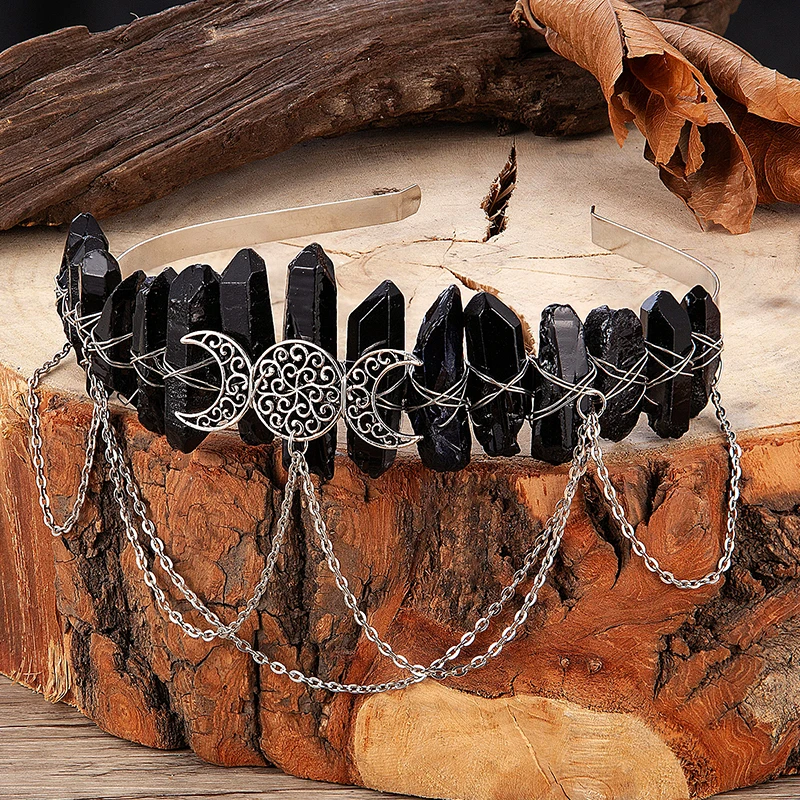 Natural Black Crystal Witch Crown Hair Accessories White Crystal Headwear Vintage Moon Headband Handmade Fashion Jewelry Gifts