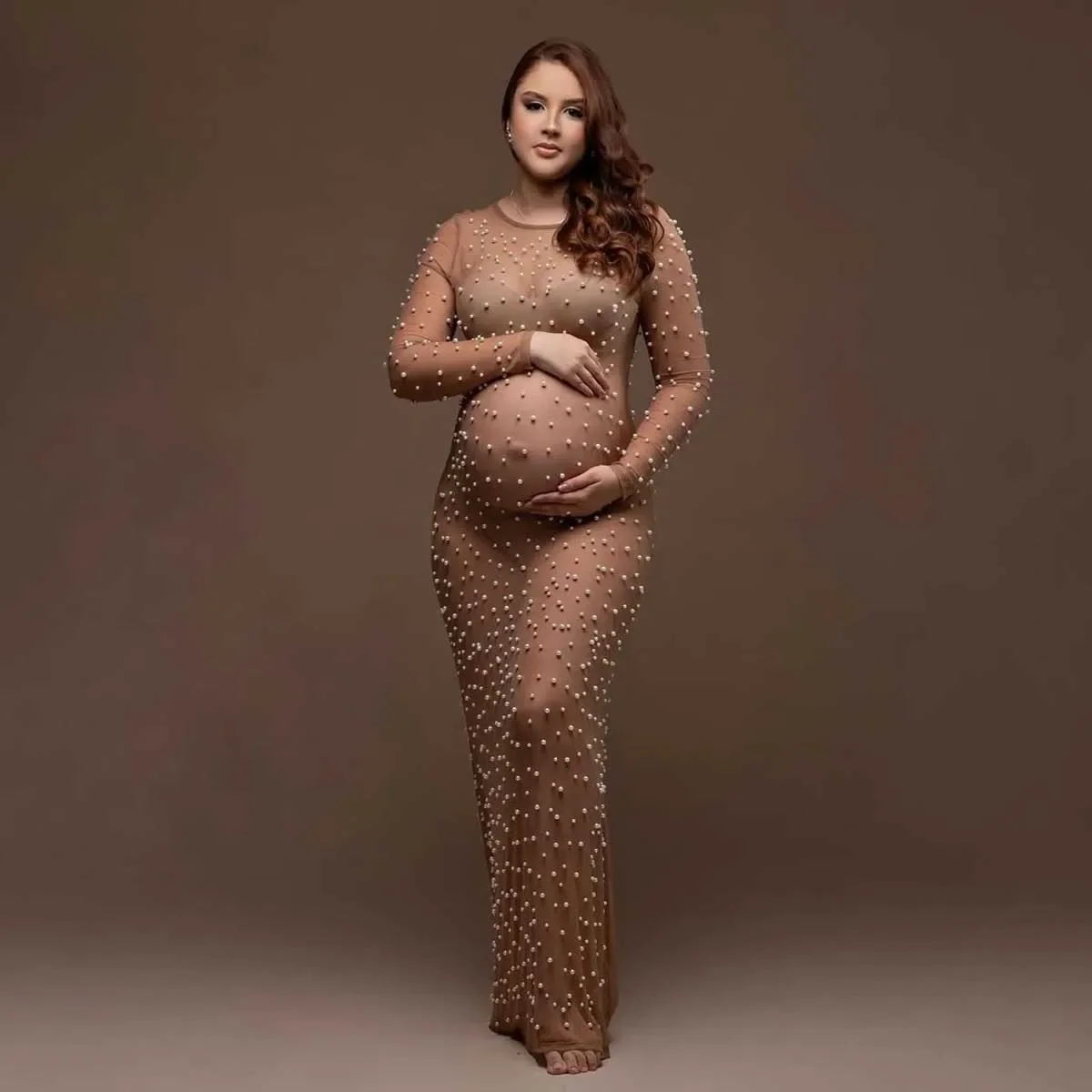 

Сексуальное тюлевое платье для беременных с прозрачным жемчугом, эластичное телесное сетчатое платье для фотосессии с бисером, прозрачные платья для детского душа на заказ