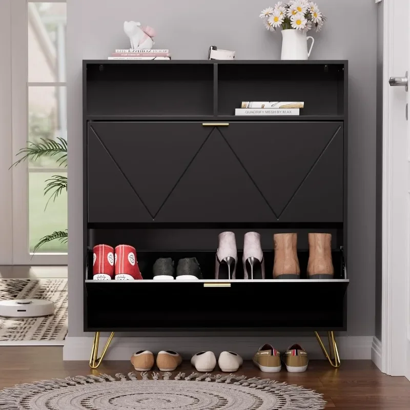 Large Shoe Cabinet w/ 2 Flip Drawers, Shoe Storage Cabinet for Entryway Slim, Hidden White Shoe Storage with Open Shelf