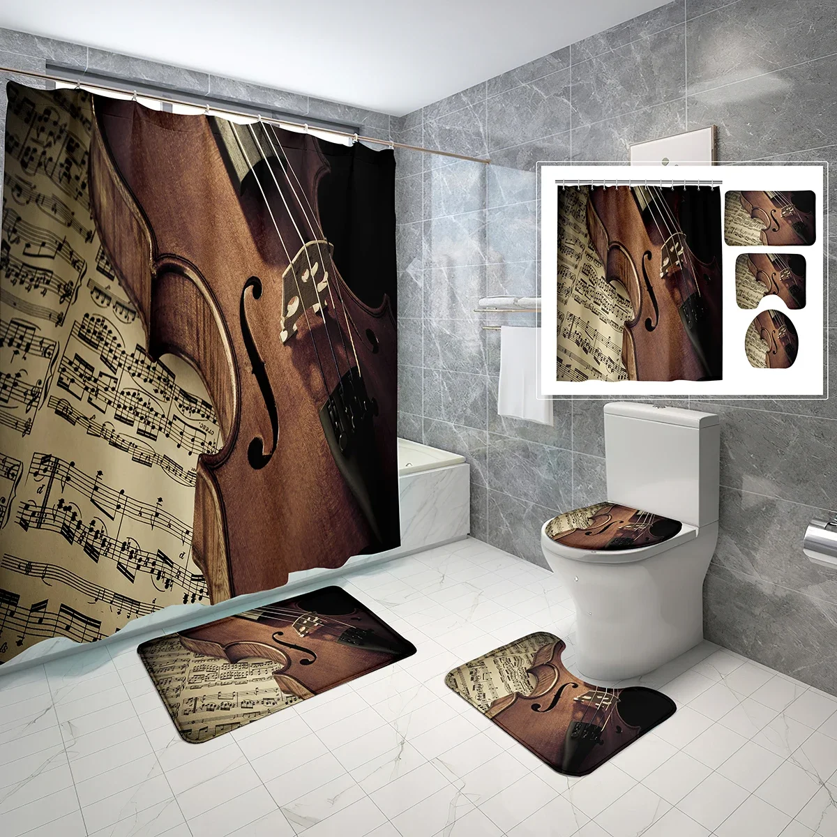 4 Pcs Violin Shower Curtain Sets with Non-Slip Rugs Mat Toilet Lid Autumn Fallen Leaves Bench Waterproof Shower Curtain Set