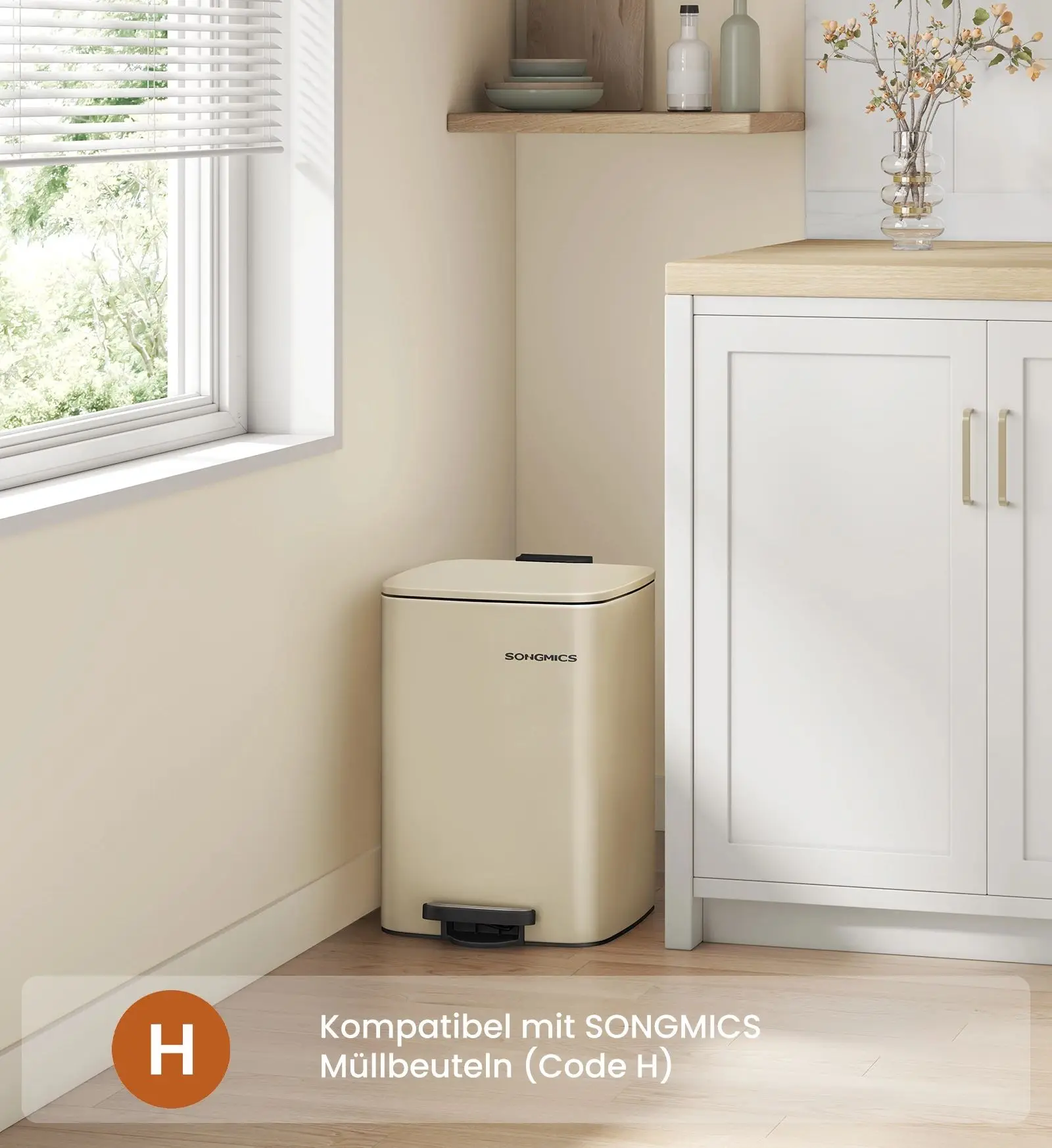 SONGMICS Mülleimer Küche, 20 Liter Abfalleimer, Tretmülleimer, Stahl, mit Inneneimer, Softclose, Offenhaltefunktion, beige