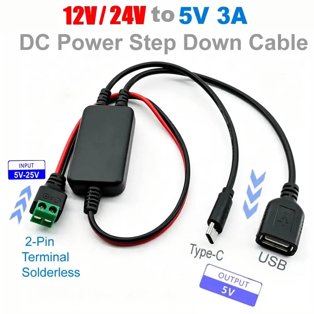 12V/24V to 5V Power Adapter Converter DC-DC Buck Module Cable 2pin Solderless Terminal to USB-A/Type-C Step Down Charging Cord