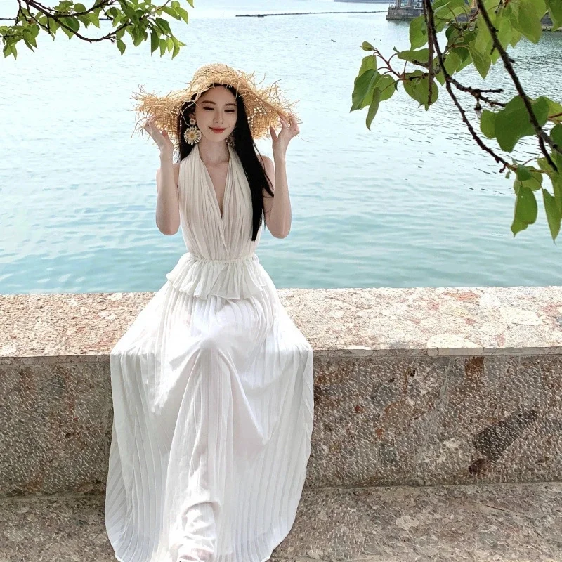 

Женские сексуальные марлевые костюмы с лямкой на шее, плиссированный укороченный топ на бретельках, шикарные длинные юбки с открытой спиной и эластичной резинкой на талии, комплекты из 2 предметов, элегантные женские наряды