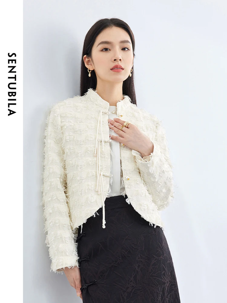 

SENTUBILA New Chinese Style Apricot Cropped Tweed Jacket 2024 Spring Stand Collar Straight Short Elegant Woman Coats 141W52034