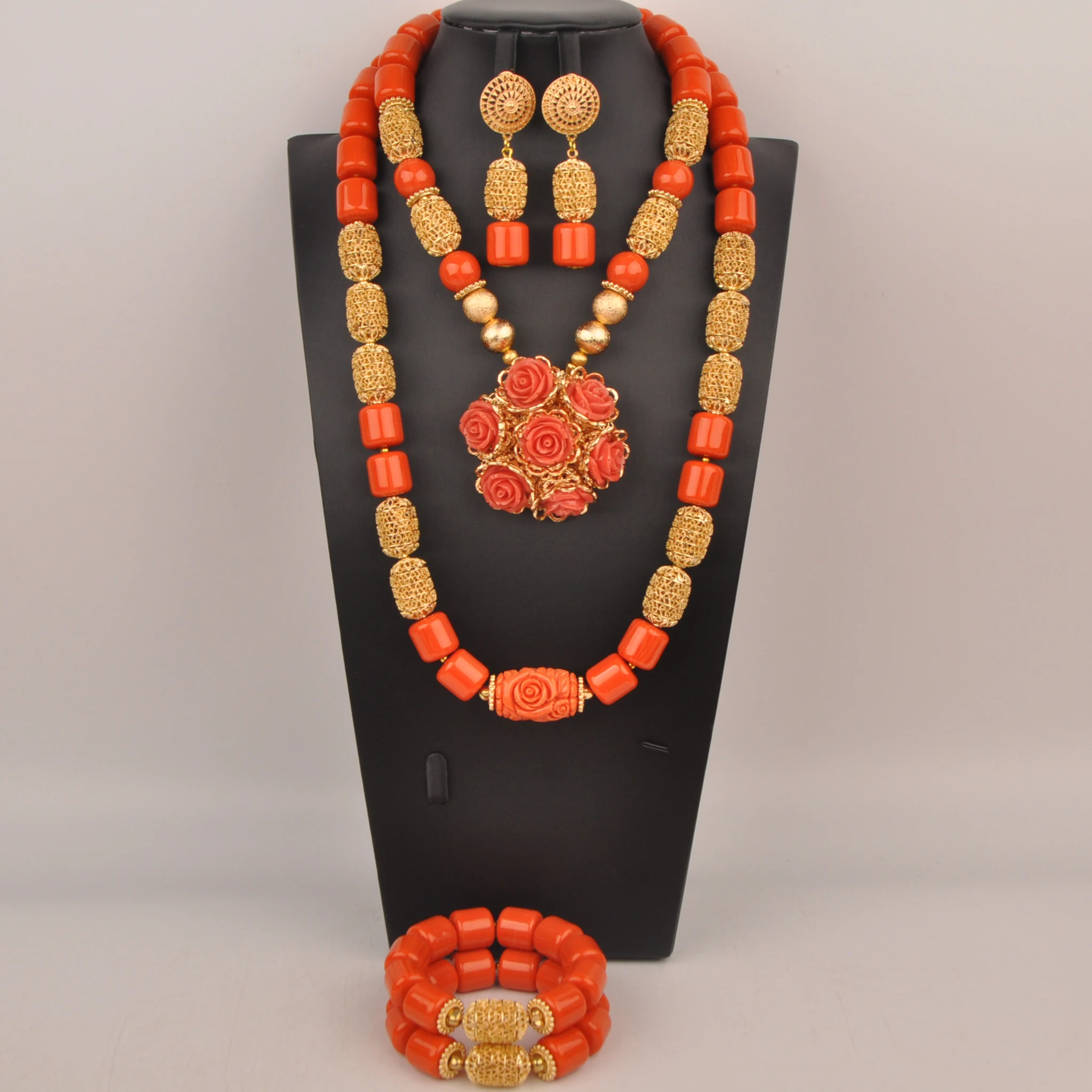 Orange Artificial Coral Nigerian Beads Jewelry Sets