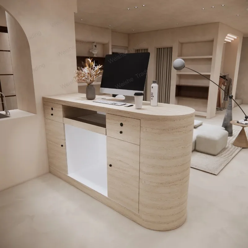 Light luxury imitation travertine cash register, beauty nail bar, walnut hotel reception view 5