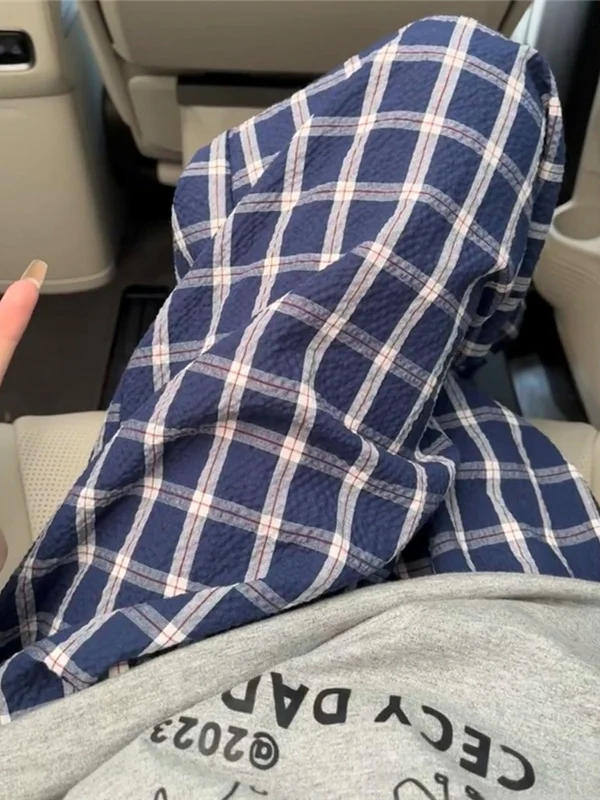 

ex Летние длинные брюки, свободная хлопковая клетчатая домашняя одежда, женская верхняя одежда, повседневная эластичная одежда со средней талией