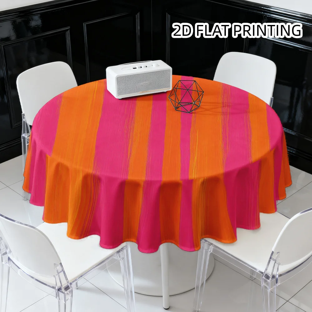 A flat circular tablecloth, featuring vertical orange and pink stripes, made of polyester.