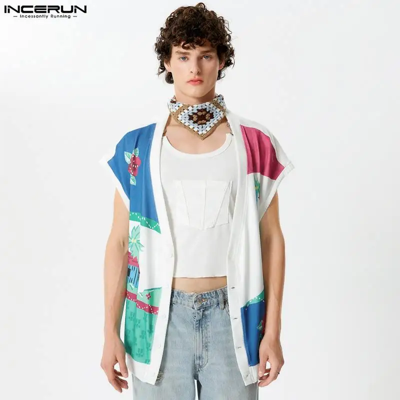 2024 Men Tank Tops Printing V Neck Sleeveless Button Streetwear Male Vests Kimono Loose Fashion Casual Cardigan S-5XL INCERUN